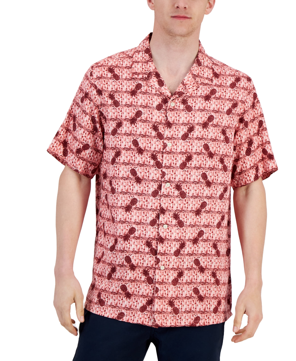 Club Room Men's Short Sleeve Elevated Pineapple Button Down Shirt Red Medium