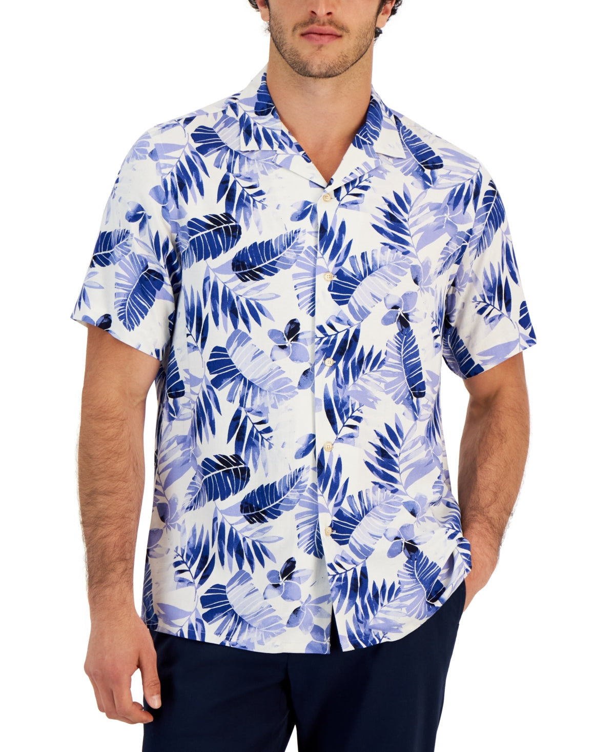 Club Room Men's Short-Sleeve Tropical Button Down Shirt Blue Medium