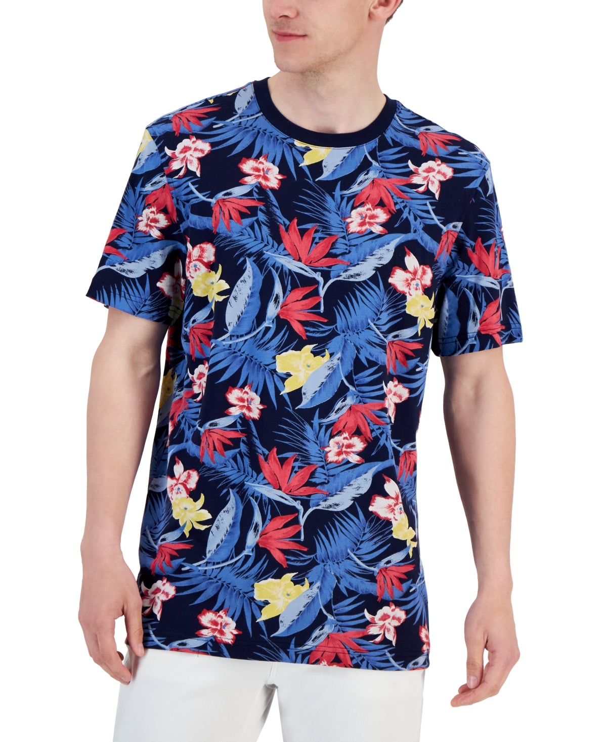 Club Room Men's Short-Sleeve Jose Tropical Graphic Crewneck T Shirt Blue Medium
