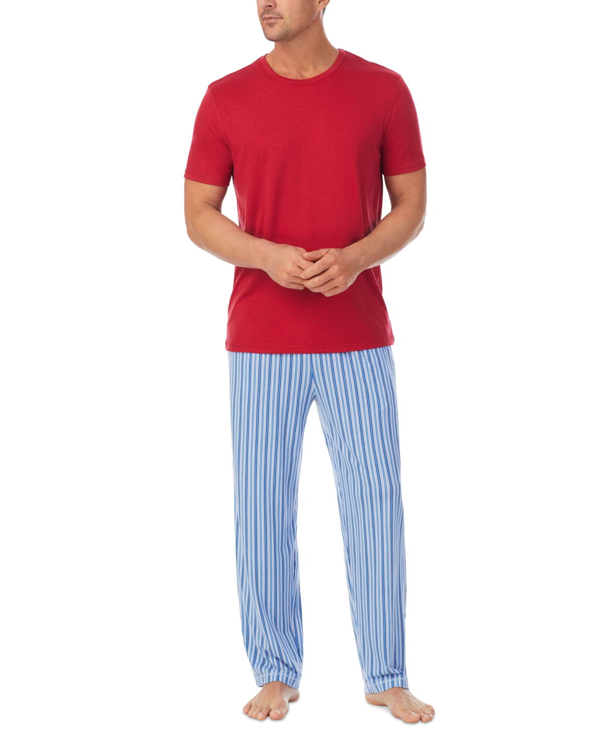 Cuddl Duds Men's 2-Pc.  Pajama Set Red T Shirt Light Blue Stripe Pants XL