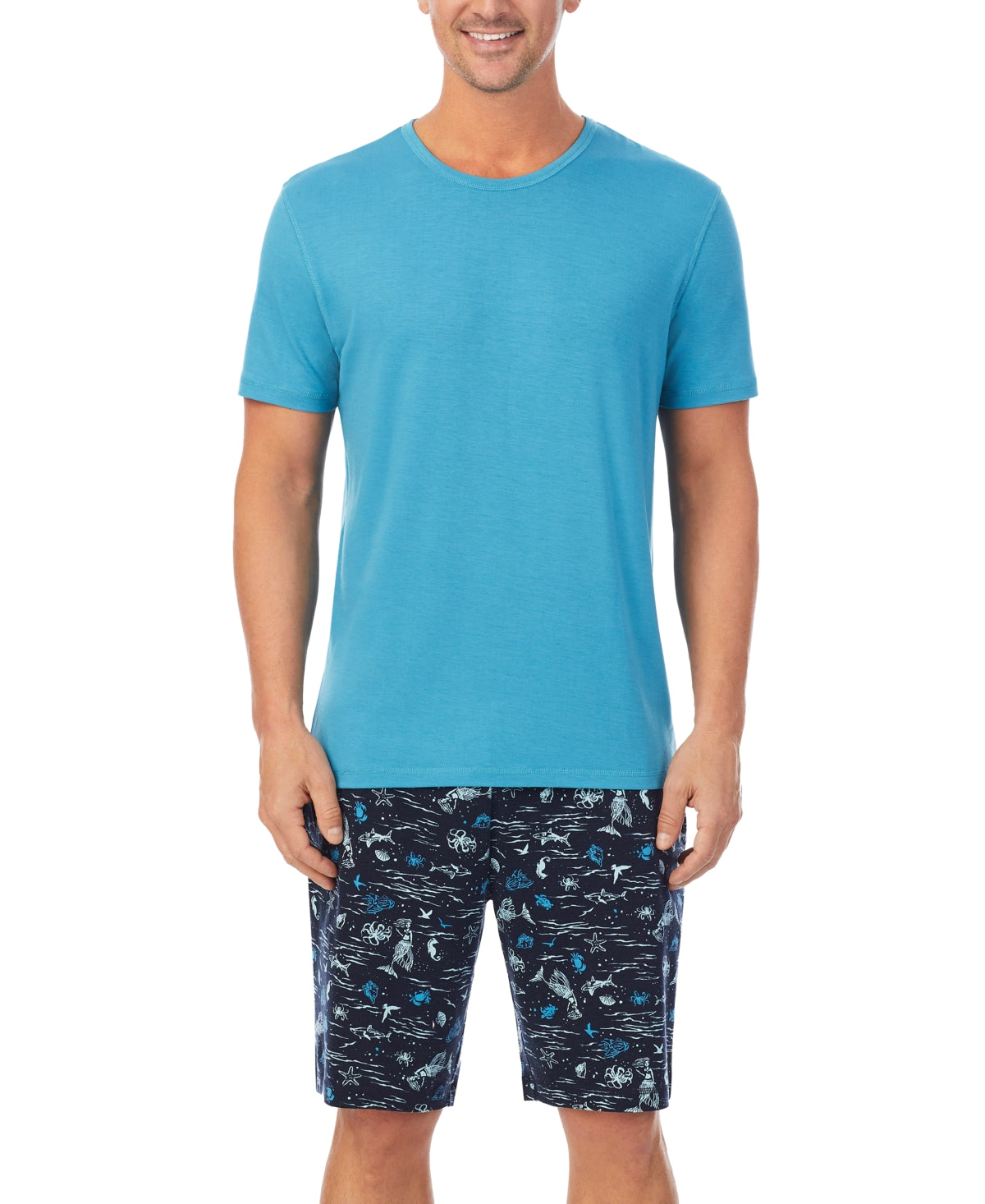 Cuddl Duds Men's 2 Pc. T Shirt Shorts Pajama Set Navy Blue Sea Life XL