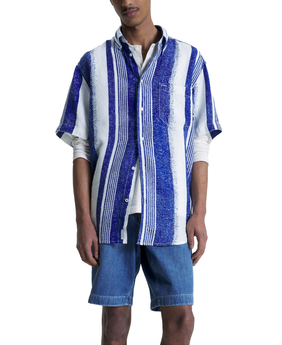 Tommy Hilfiger Men's Hand Painted Stripe Button Down Shirt Regency Blue Small