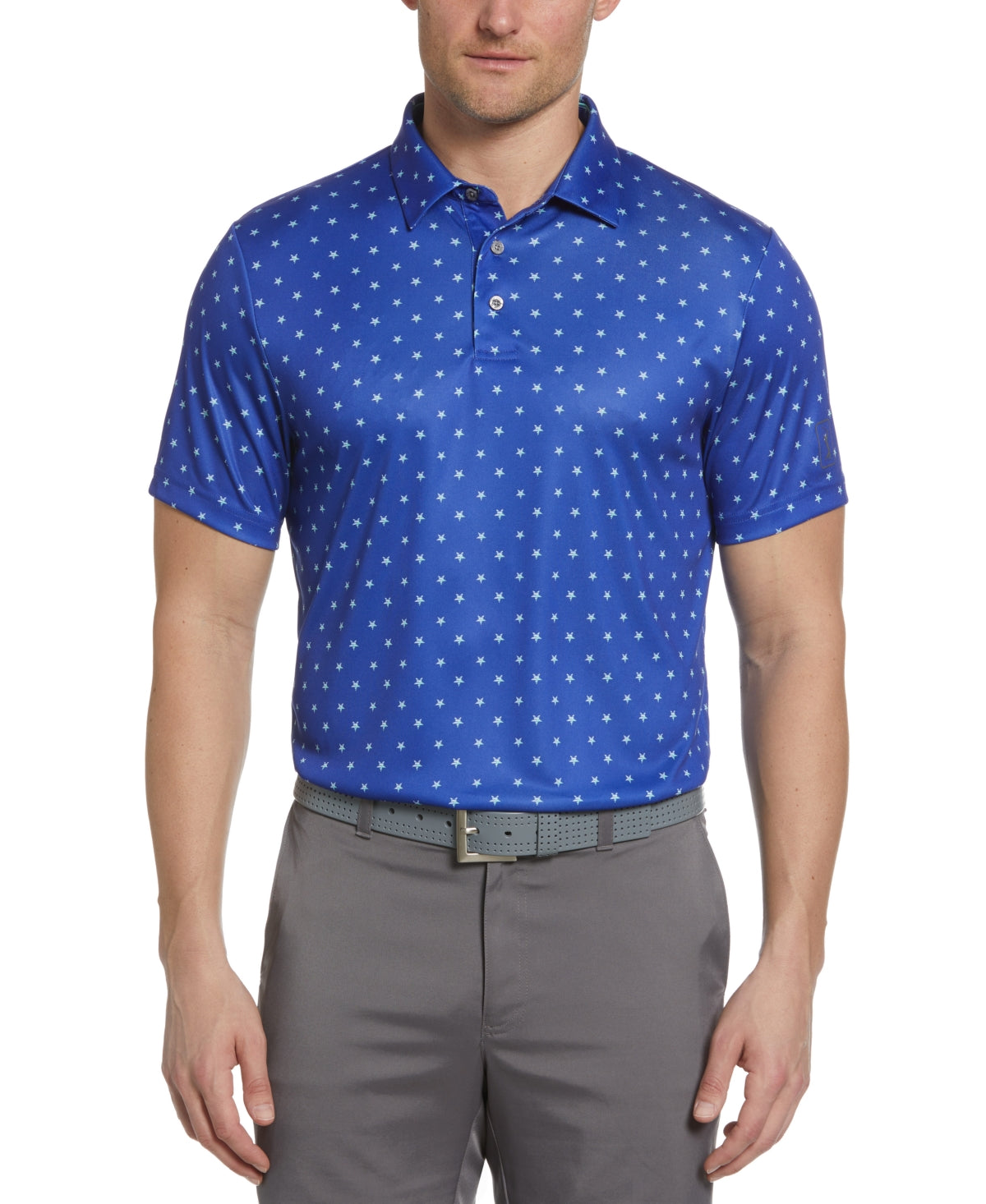 Pga Tour Men's Athletic Fit Stars & Stripes Printed Golf Polo Shirt Blue Large