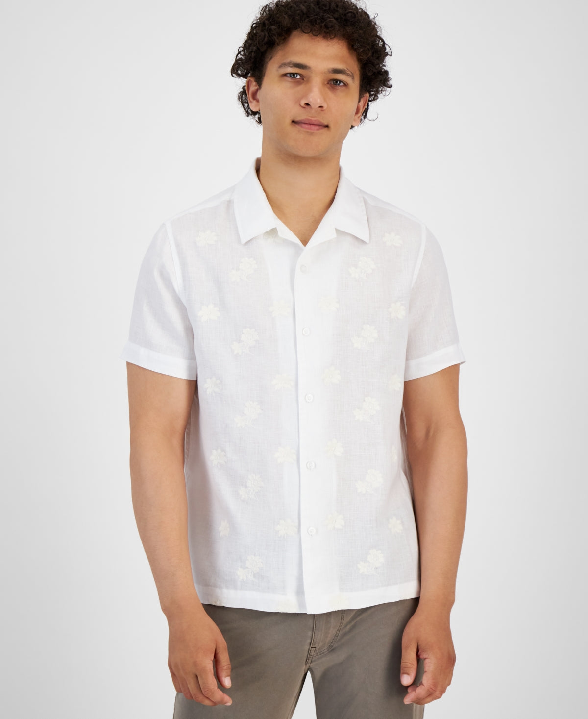 Guess Men's Embroidered Short Sleeve Button Down Shirt Pure White XL