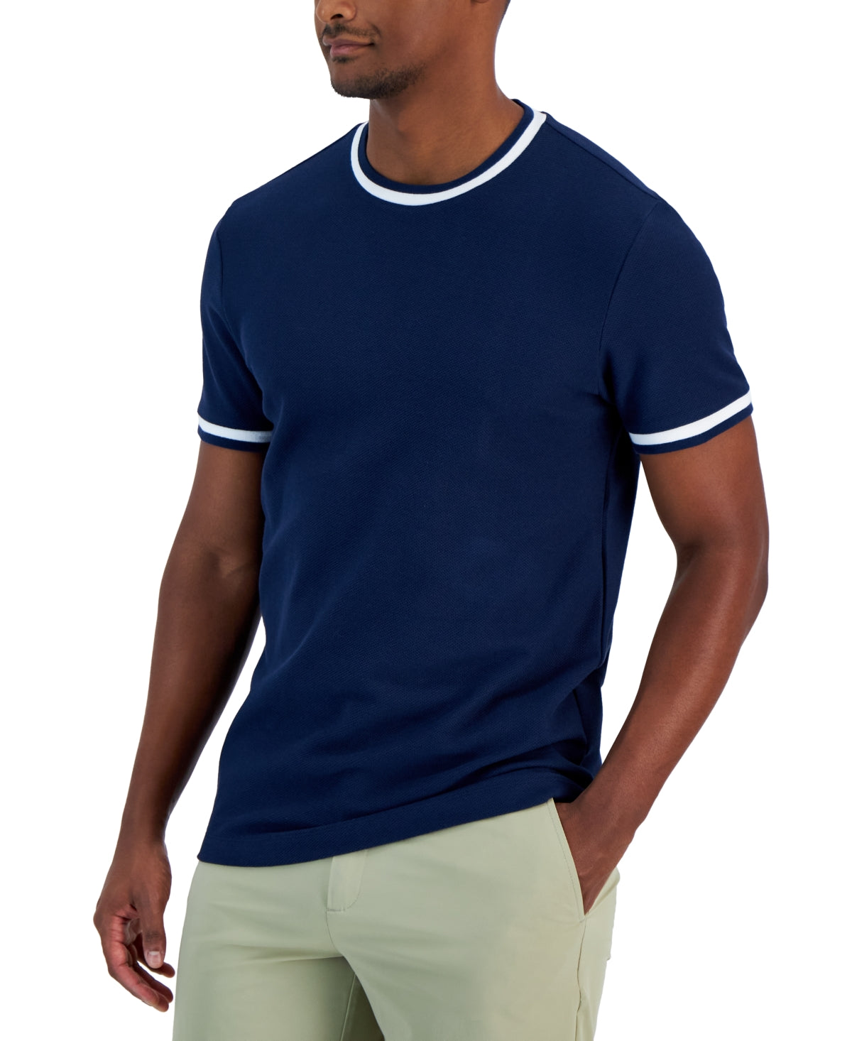 Alfani Men's Tipped Textured Pique Short Sleeve Crewneck T Shirt Blue White  XL