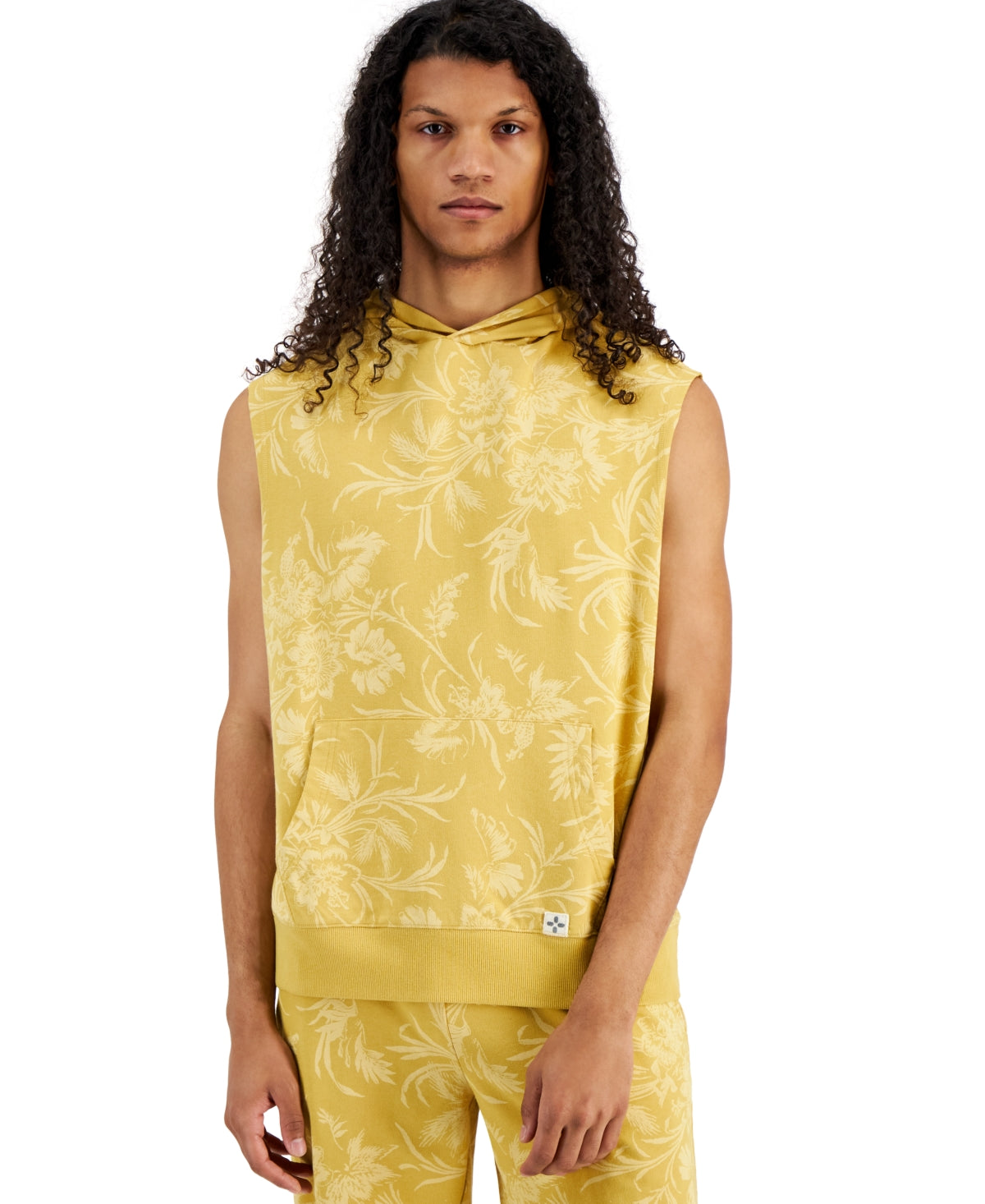 Sun + Stone Men's Regular-Fit Floral-Print Sleeveless Hoodie Tank Yellow XL