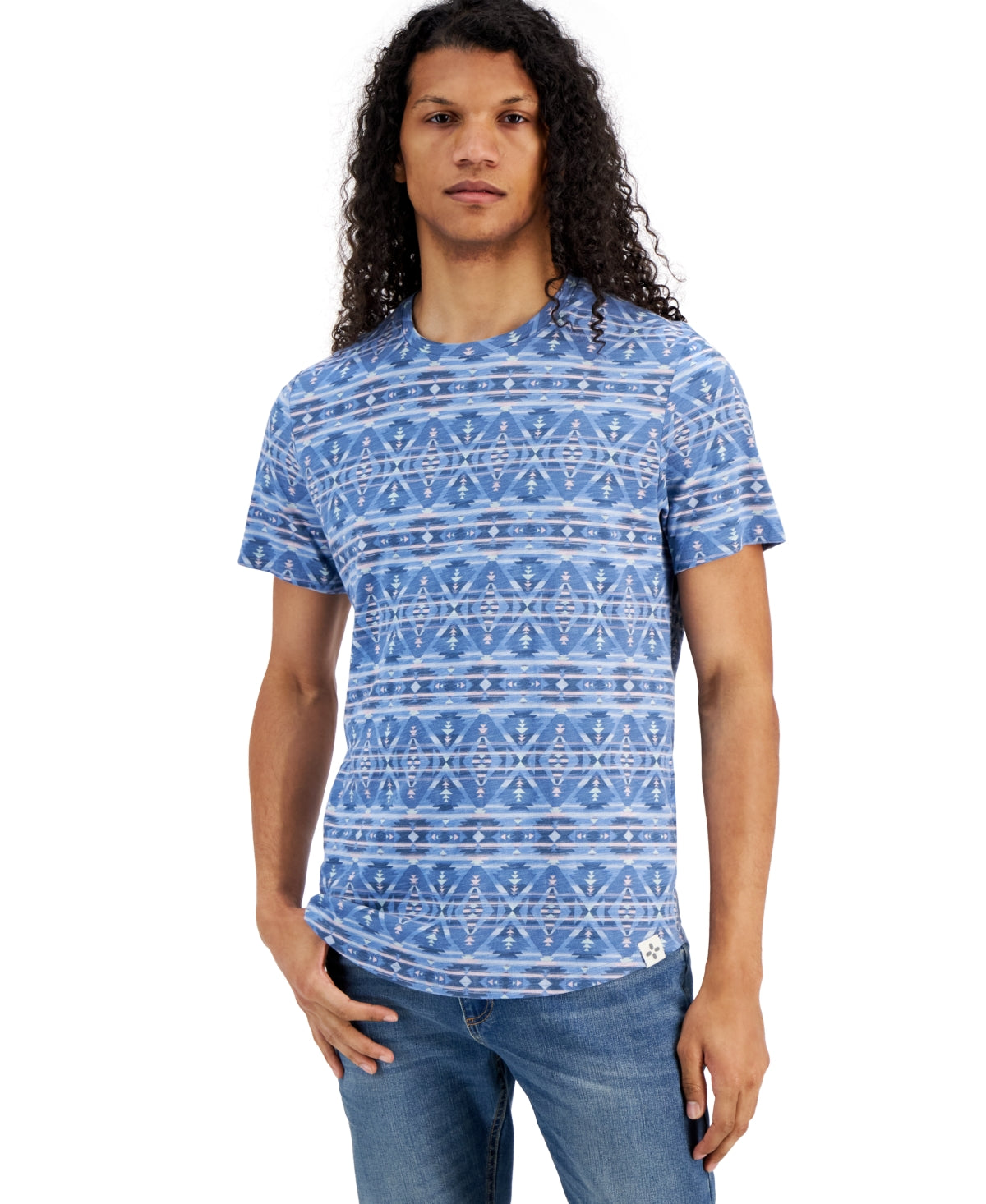Sun + Stone Mens Totem Regular-Fit Geoprint Short Sleeve T Shirt Blue Small