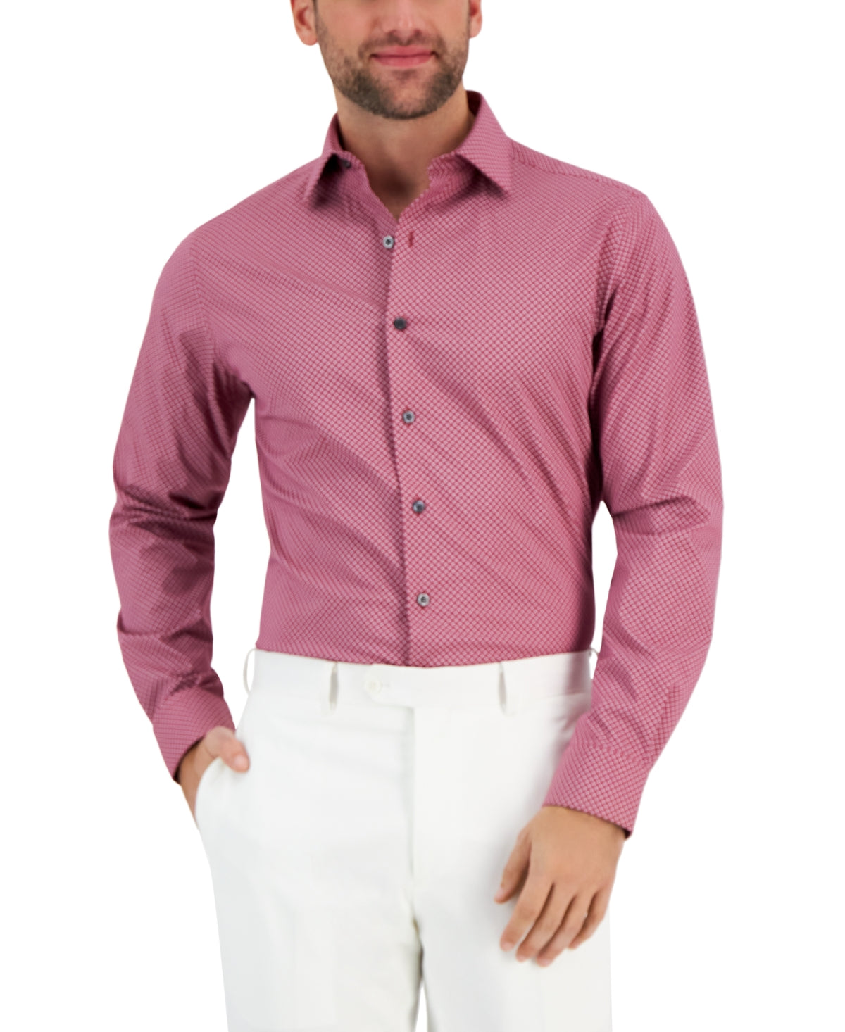 Alfani Mens Slim Fit Stain Resistant Puzzle Dress Shirt Pink White 16 16.5 32 33