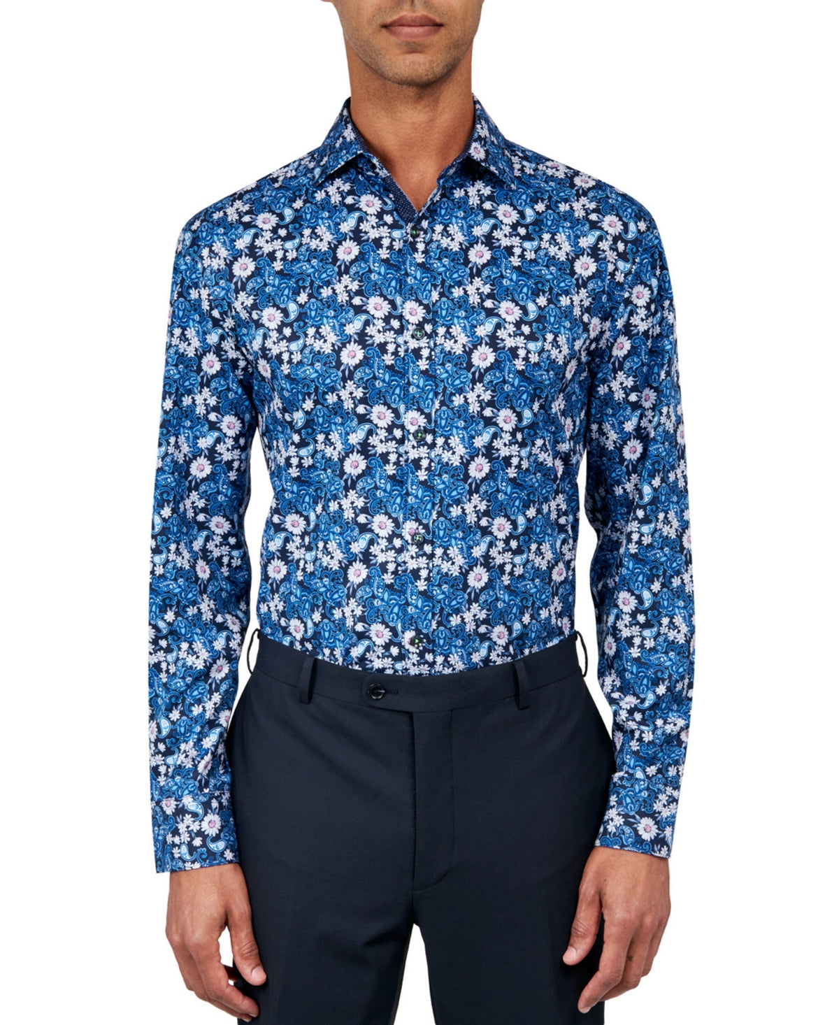 Society of Threads Mens Regular-Fit Paisley Perf Blue Button Down Shirt Medium