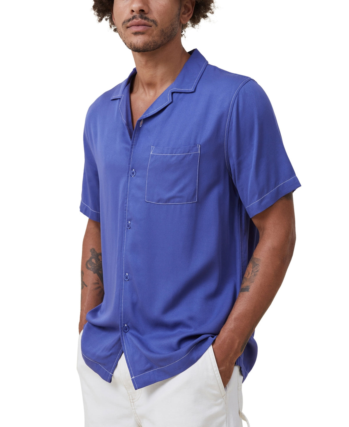 Cotton On Mens Regular fit Short Sleeve Button-Up Shirt Large Blue Solid