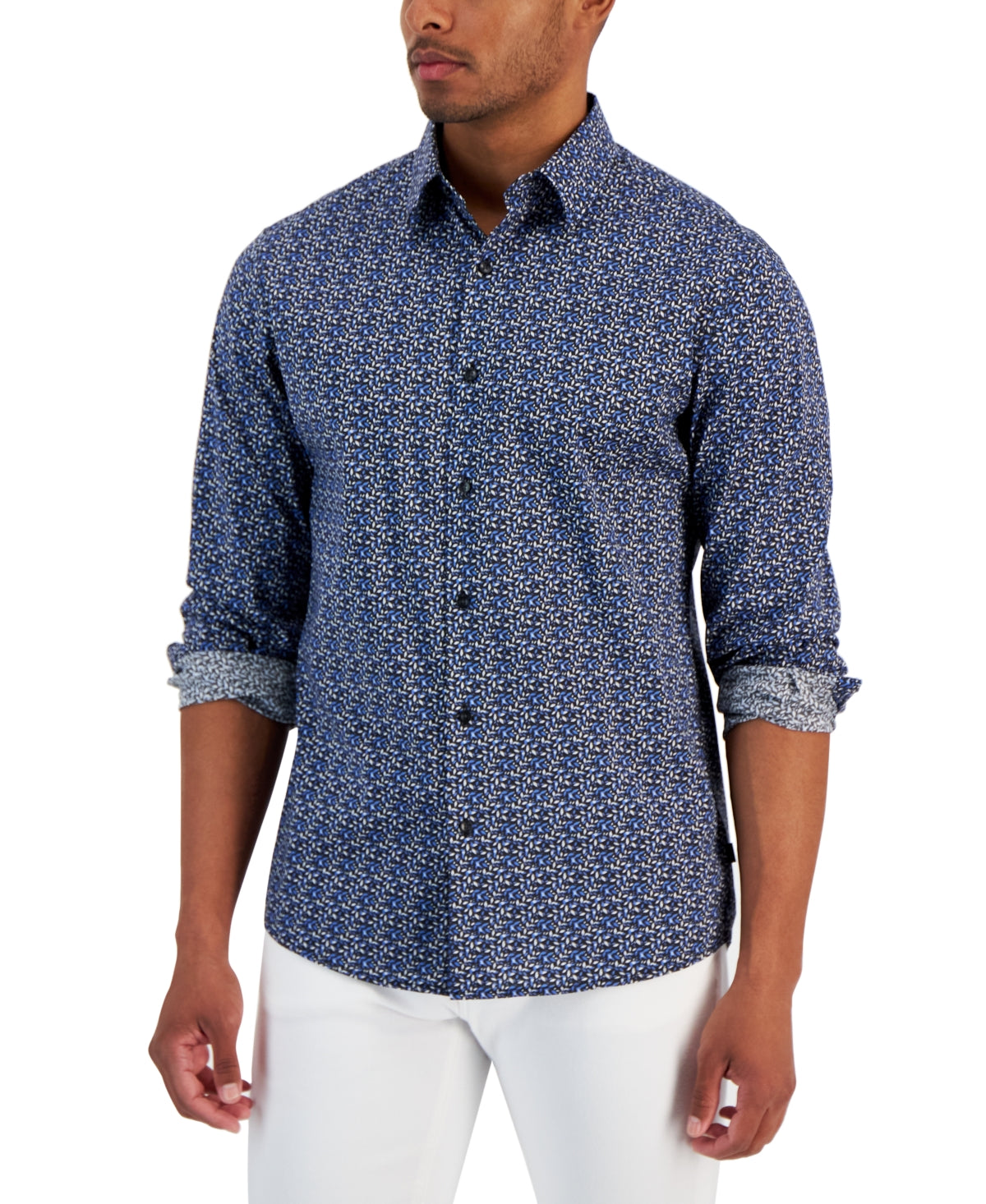 Michael Kors Mens Modern Fit Button Down Textured Shirt  Blue XL
