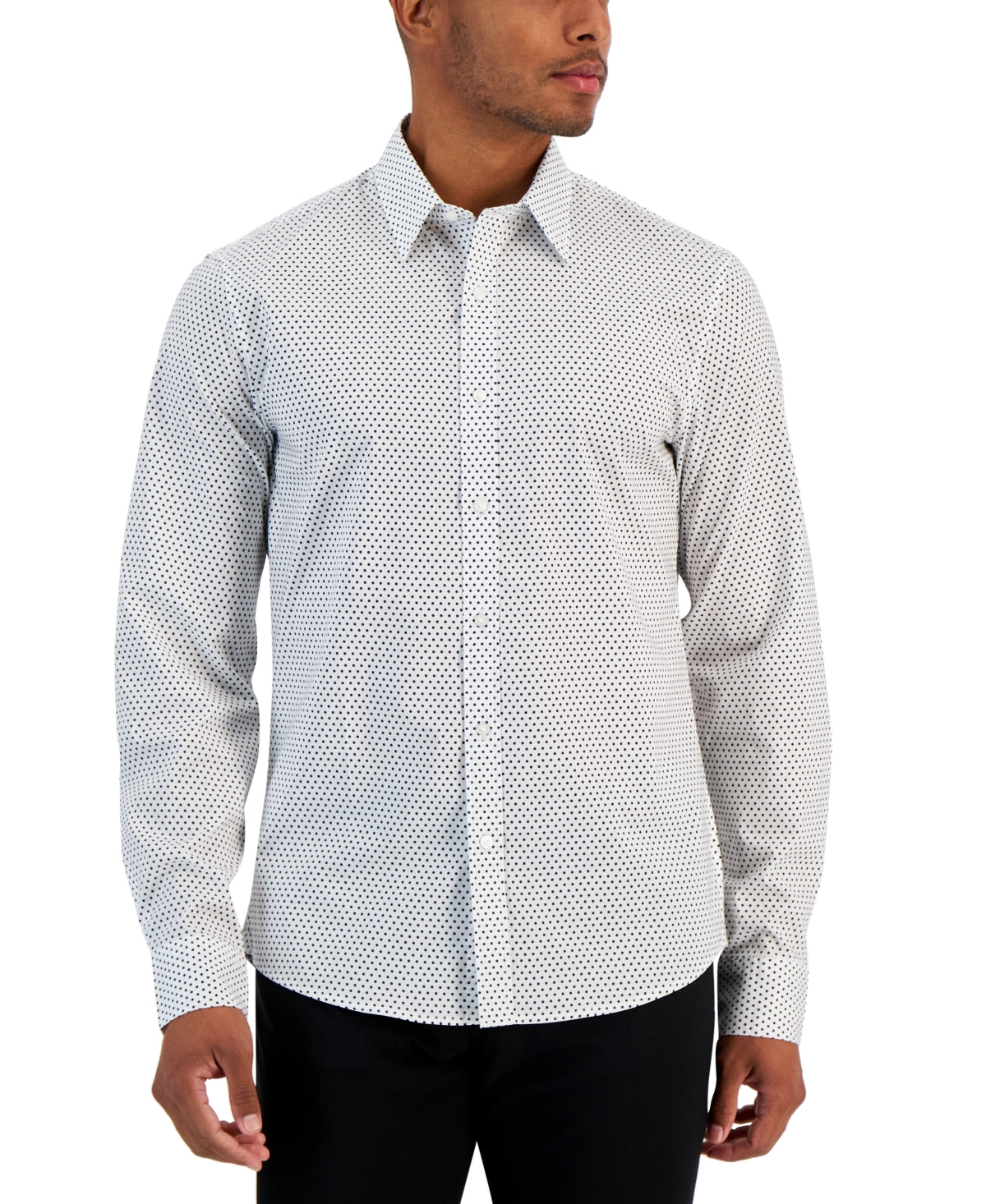 Michael Kors Mens Stretch Polka Dots Slim Fit Long Sleeve Shirt White XL