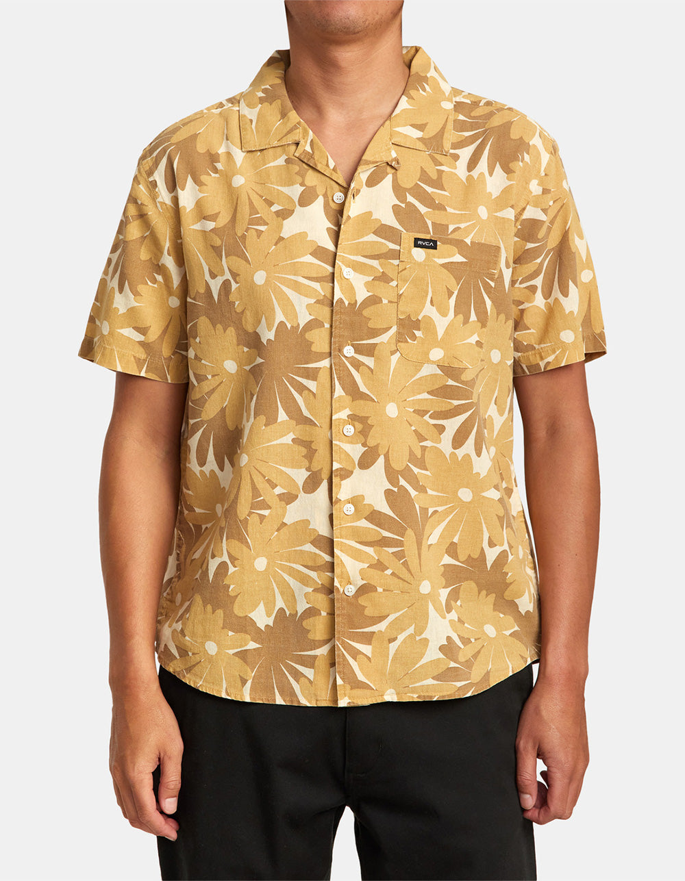 RVCA Mens Pop Floral Short Sleeve Button Down Shirt Khaki Yellow Small