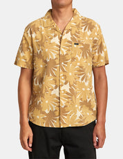 RVCA Mens Pop Floral Short Sleeve Button Down Shirt Khaki Yellow Small