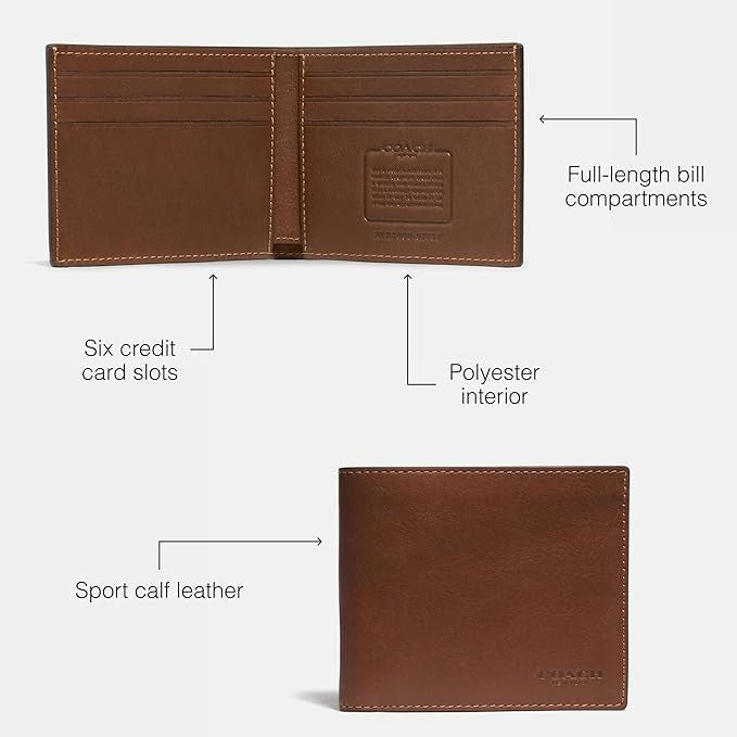 COACH Slim Bifold in Sport Calf Men's Wallet Saddle Leather Brown