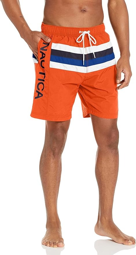 NAUTICA Men's 8" Striped Colorblocked Quick-Dry Swim Shorts Trunks Large Orange