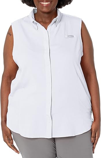 Columbia Womens  fit Sleeveless Button-Up Shirt 1X White Solid