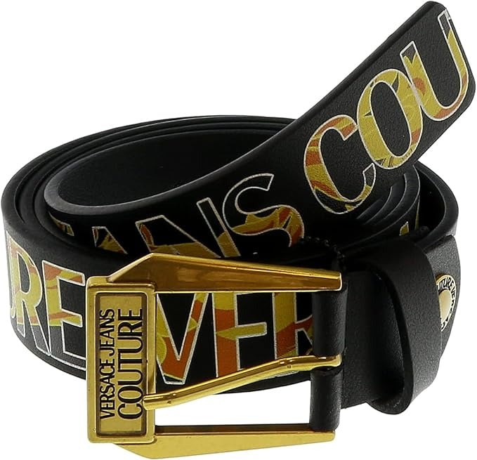 VERSACE JEANS COUTURE Black/Gold Buckle Lettering Leather Belt Size 90 34 - 35
