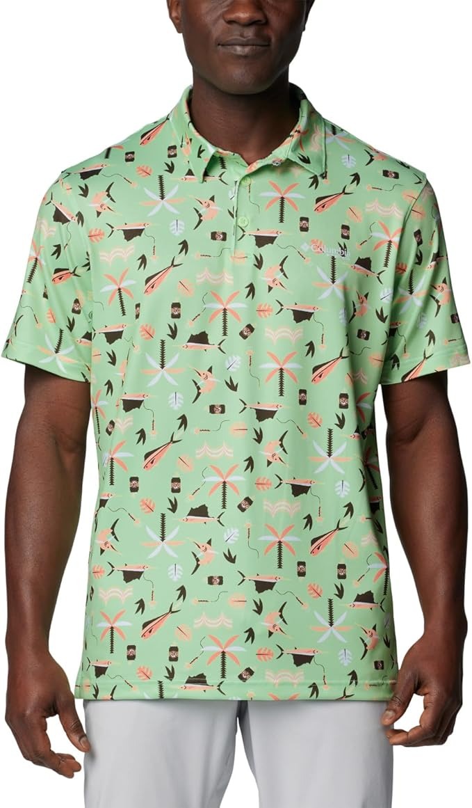 Columbia Men's Printed Short Sleeve Performance Polo Shirt Large Green Swordfish