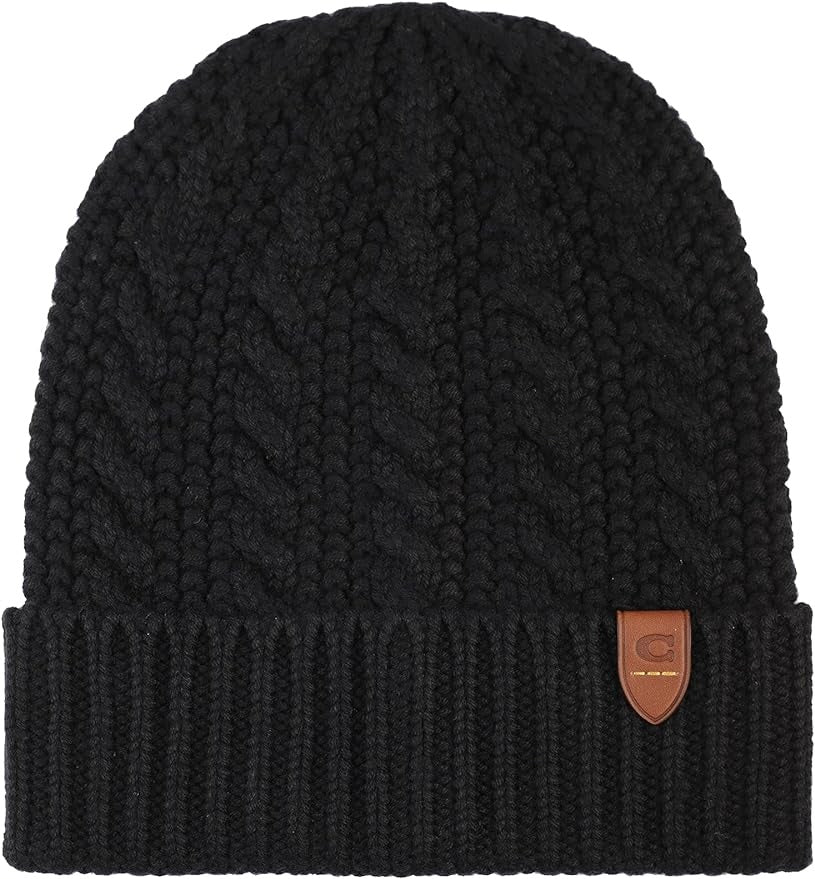 COACH Mens Cable-Cuff Logo Beanie Hat Black OS OSFA REG