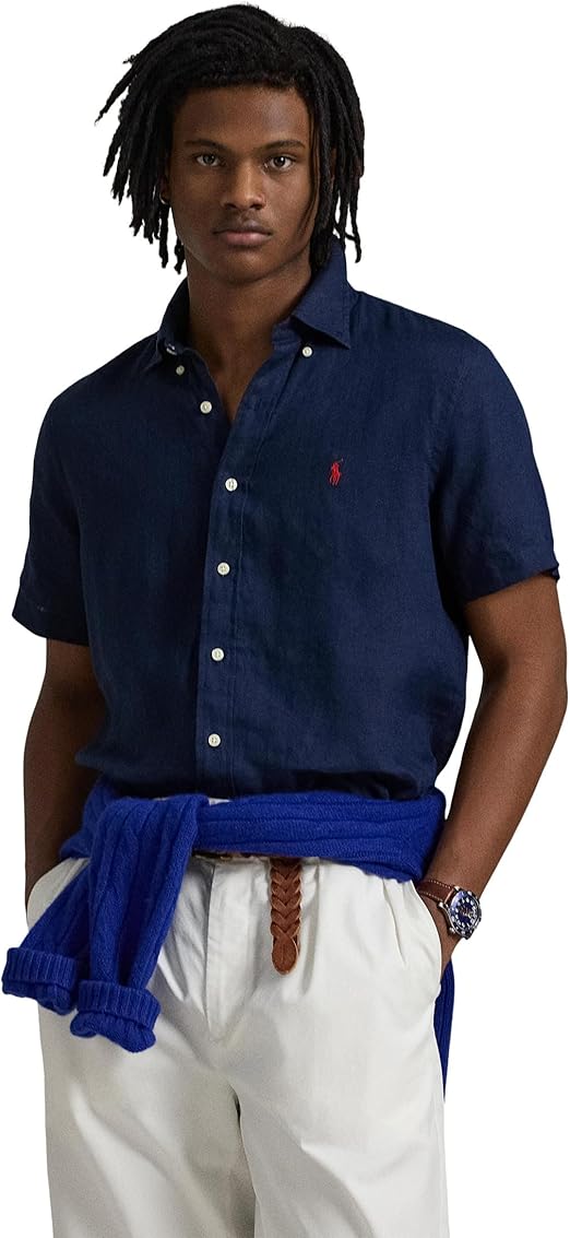 Polo Ralph Lauren Mens Classic fit Short Sleeve Button-Up Shirt Large Blue Solid