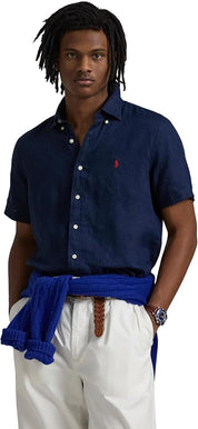 Polo Ralph Lauren Mens Classic fit Short Sleeve Button-Up Shirt Large Blue Solid