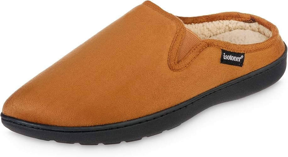 Isotoner Men's Microsuede Hoodback Slippers Cognac Brown Large 9.5 to 10.5