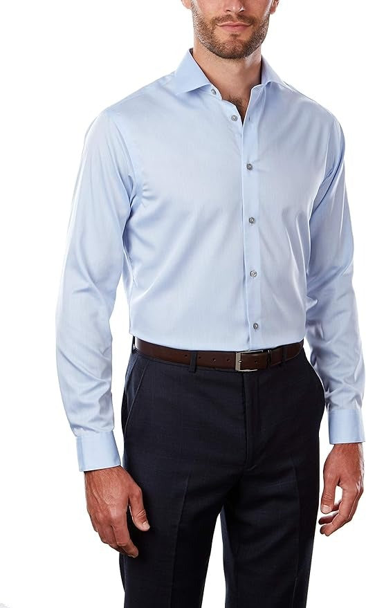 Calvin Klein Men's Dress Shirt 15.5 32 33 Blue Regular Fit Non Iron Herringbone