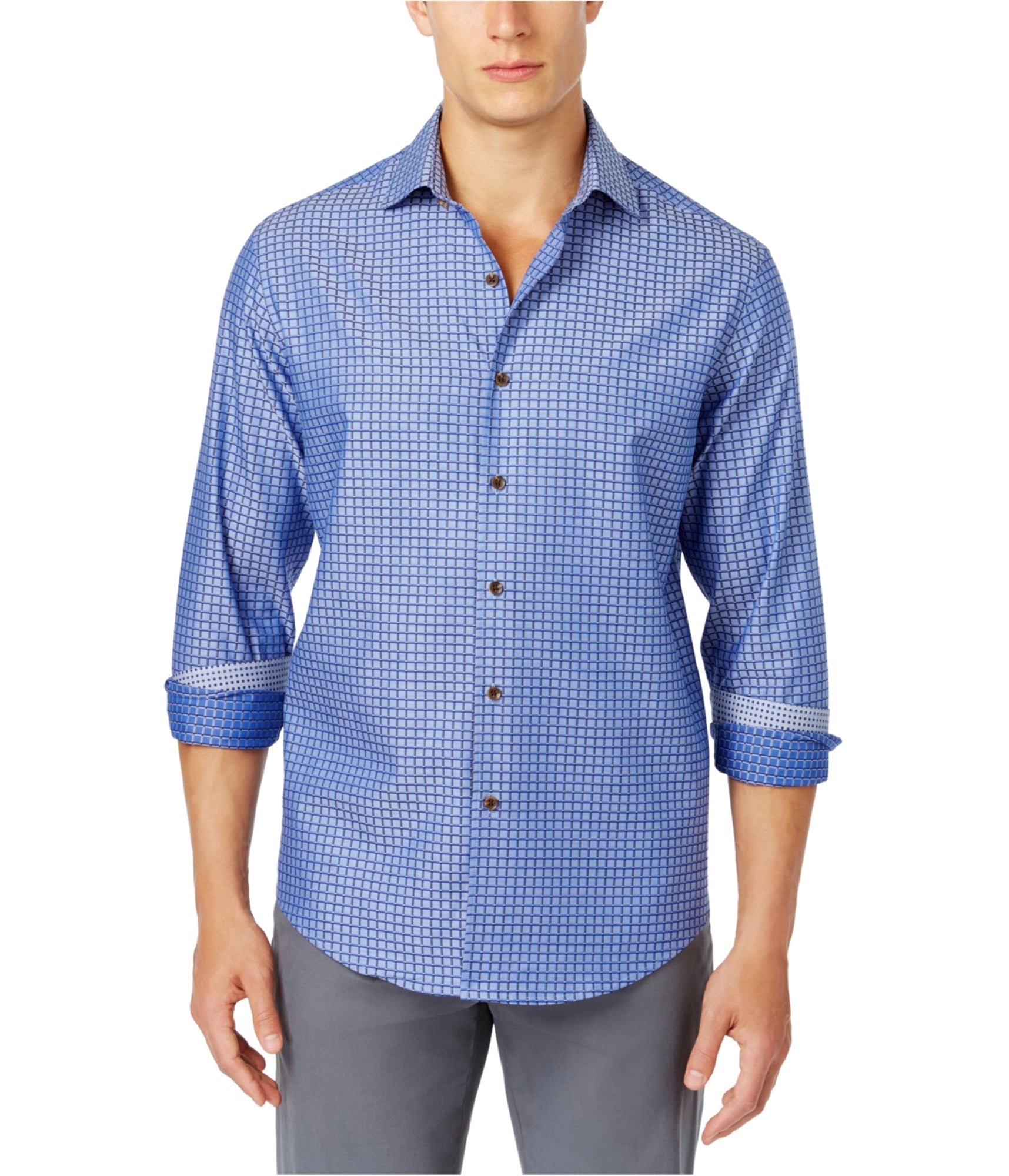 Tasso Elba Mens Houndstooth Button Down Shirt Herringbone Blue 2XL