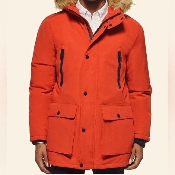 Club Room Mens  Faux Fur-Hooded Parka Coat Orange XL