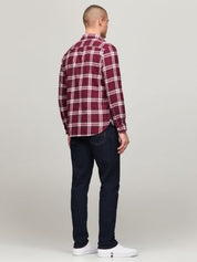 Tommy Hilfiger Mens Regular Fit Plaid Button Down Shirt Dark Red White Medium