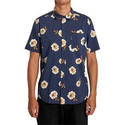 Rvca Men's Botanical Short Sleeve Button Down Shirt Moody Blue Small