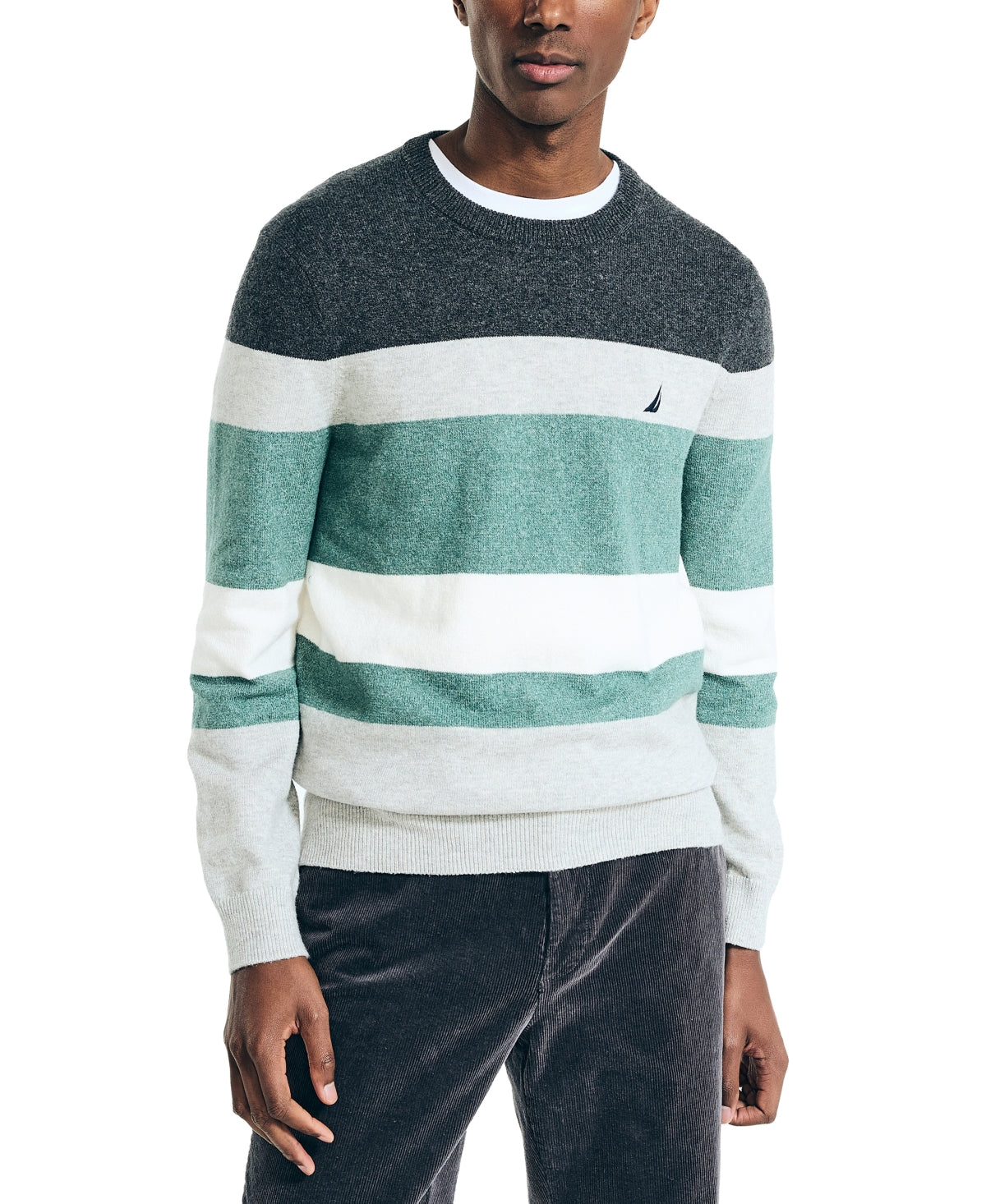 Nautica Men's Textured Striped Crewneck Sweater Grey Green Heather Large