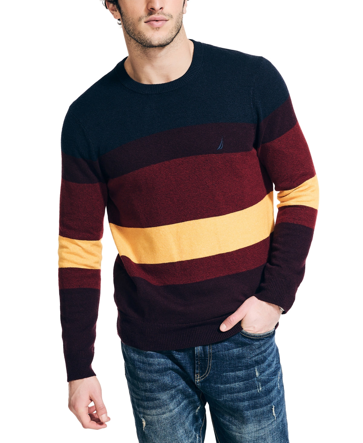Nautica Mens Regular fit Crewneck Sweater XXL Red Navy Blue Striped