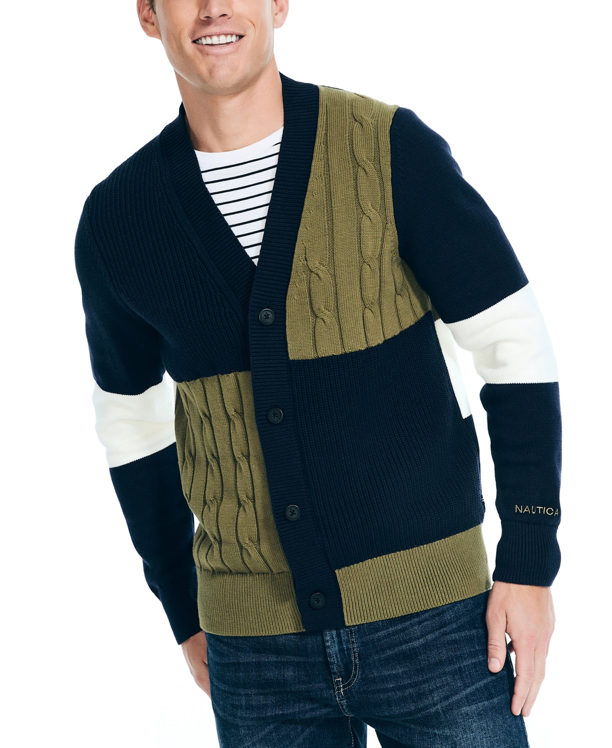 Nautica Mens 1983 Textured Colorblock Cardigan Navy Blue Green XL