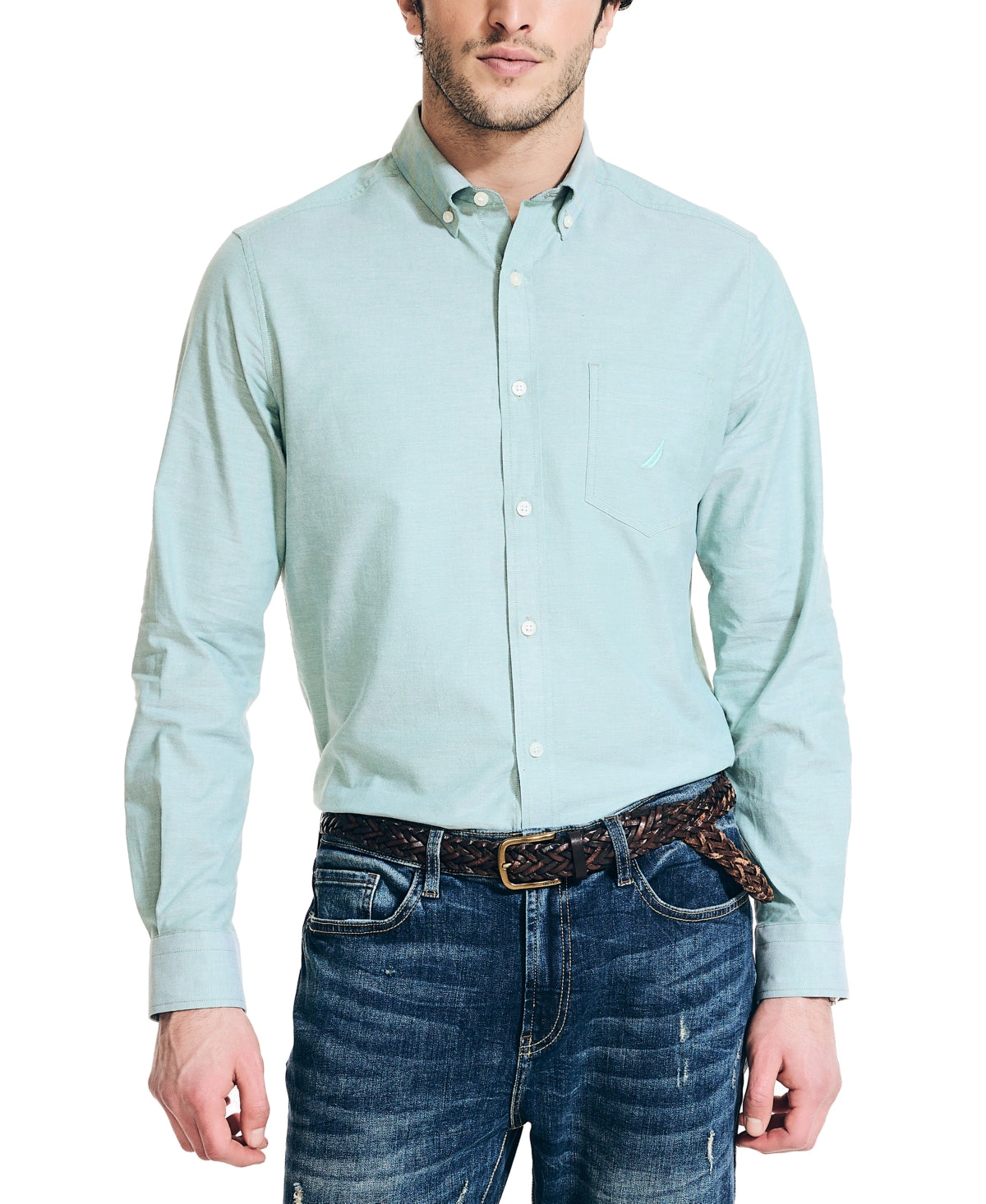 Nautica Mens Stretch Button Down Shirt Costal Pine Large