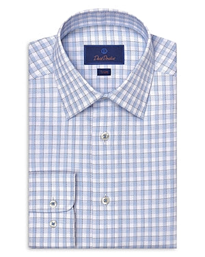 David Donahue Men Trim Dobby Button Down Dress Shirt Micro Check Blue 16.5 32 33