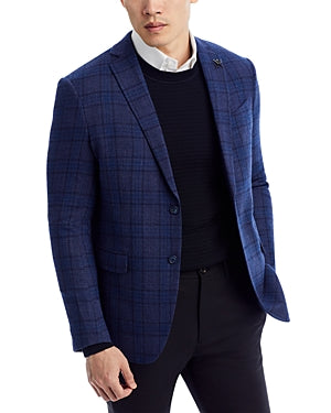 John Varvatos Mens Slim Fit Plaid Sport Coat Blazer Navy Blue 38R