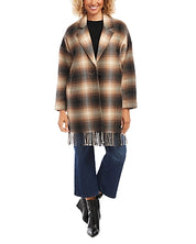 Karen Kane Women's Plaid Fringe Jacket Coat Large Brown Wool Blend