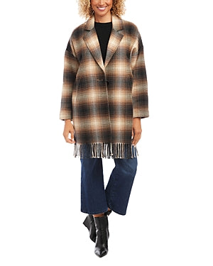 Karen Kane Women's Plaid Fringe Jacket Coat Large Brown Wool Blend