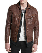 John Varvatos Mens Mark Leather Trucker Jacket EU 56 US 46 Brown