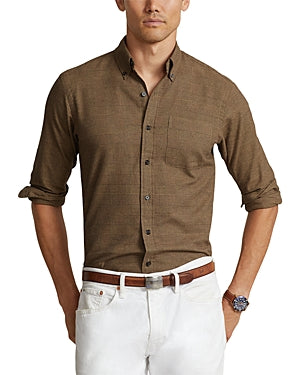 Polo Ralph Lauren Mens Cotton Twill Plaid Custom Fit Button Down Shirt Brown XL