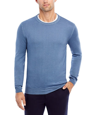 Boglioli Mens Slim Fit Garment Dyed Wool Crewneck Sweater Blue Medium