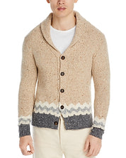 Eleventy Mens Wool & Cashmere Blend Fairisle Trim Shawl Cardigan Sweater XL Tan