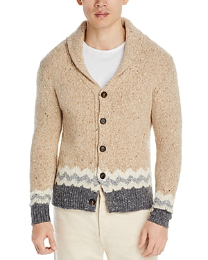 Eleventy Mens Wool & Cashmere Blend Fairisle Trim Shawl Cardigan Sweater XL Tan