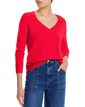 AQUA Womens Cashmere V-Neck Cashmere Sweater Small Big Apple Red