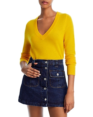 AQUA Cashmere Womens V-Neck Cashmere Sweater Small Sunflower Yellow