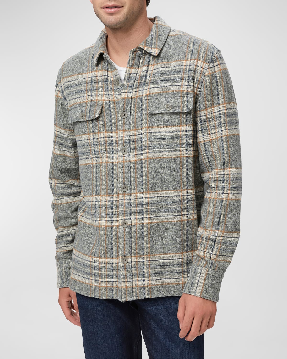 PAIGE Mens Wilbur Cotton Flannel Shirt Overshirt Smoked Sage Green Medium