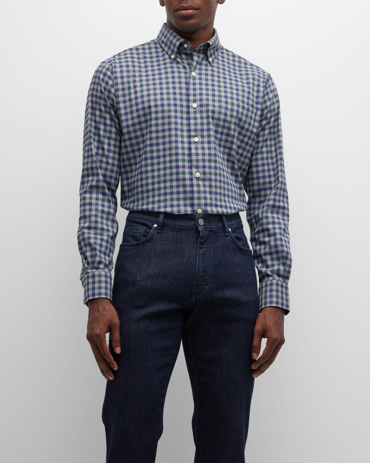Peter Millar Mens Regular fit Long Sleeve Button-Up Shirt Small Grey Check