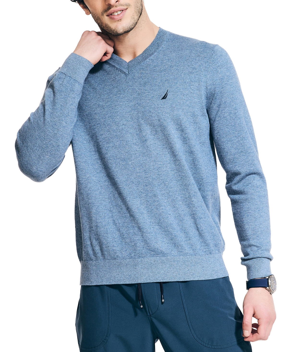 Nautica Men's Lightweight V Neck Sweater Anchor Heather Blue Small